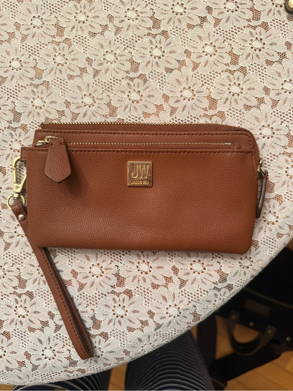 Jason Wu Brown Pebbled Leather Wristlet with Gold Logo
